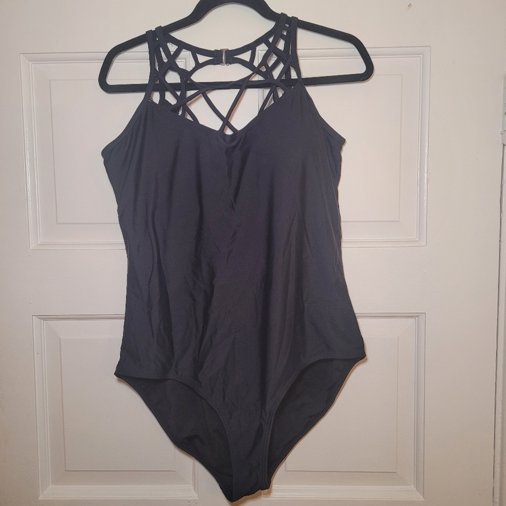 Love my Curves Black Cut Out Criss Cross One Piece Bathing Suit